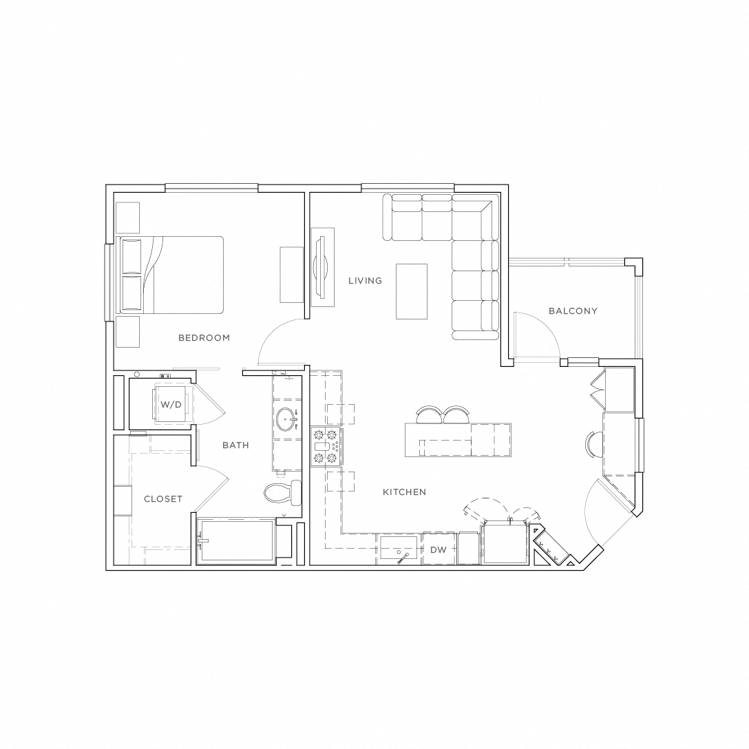 Floor plan for 1 bed, 1 bath, 762 sqft